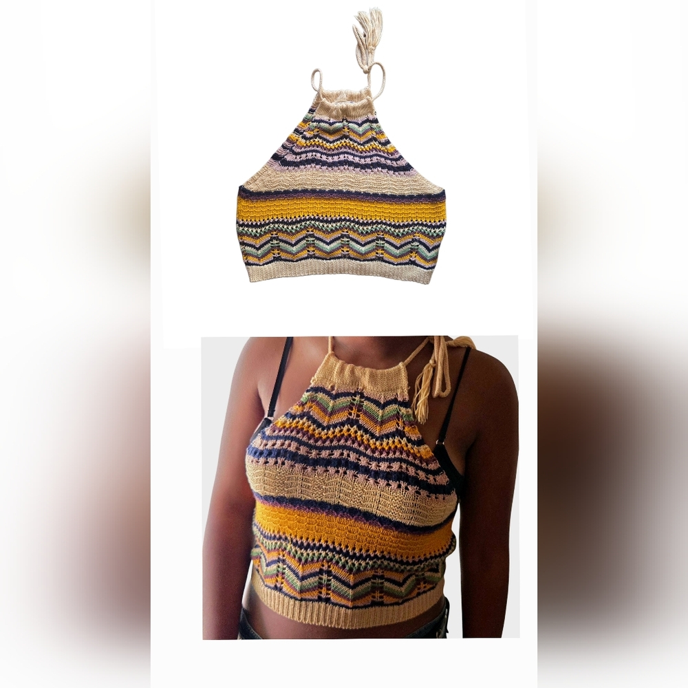 Jolie & Joy Boho Halter Crop Top Tassels Multi-Color-Medium